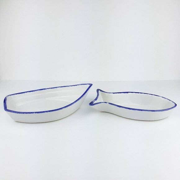 Fish Boat Shaped White Blue Ceramic Serving Dishes Made In Portugal Set Of 2 - Picture 8 of 12
